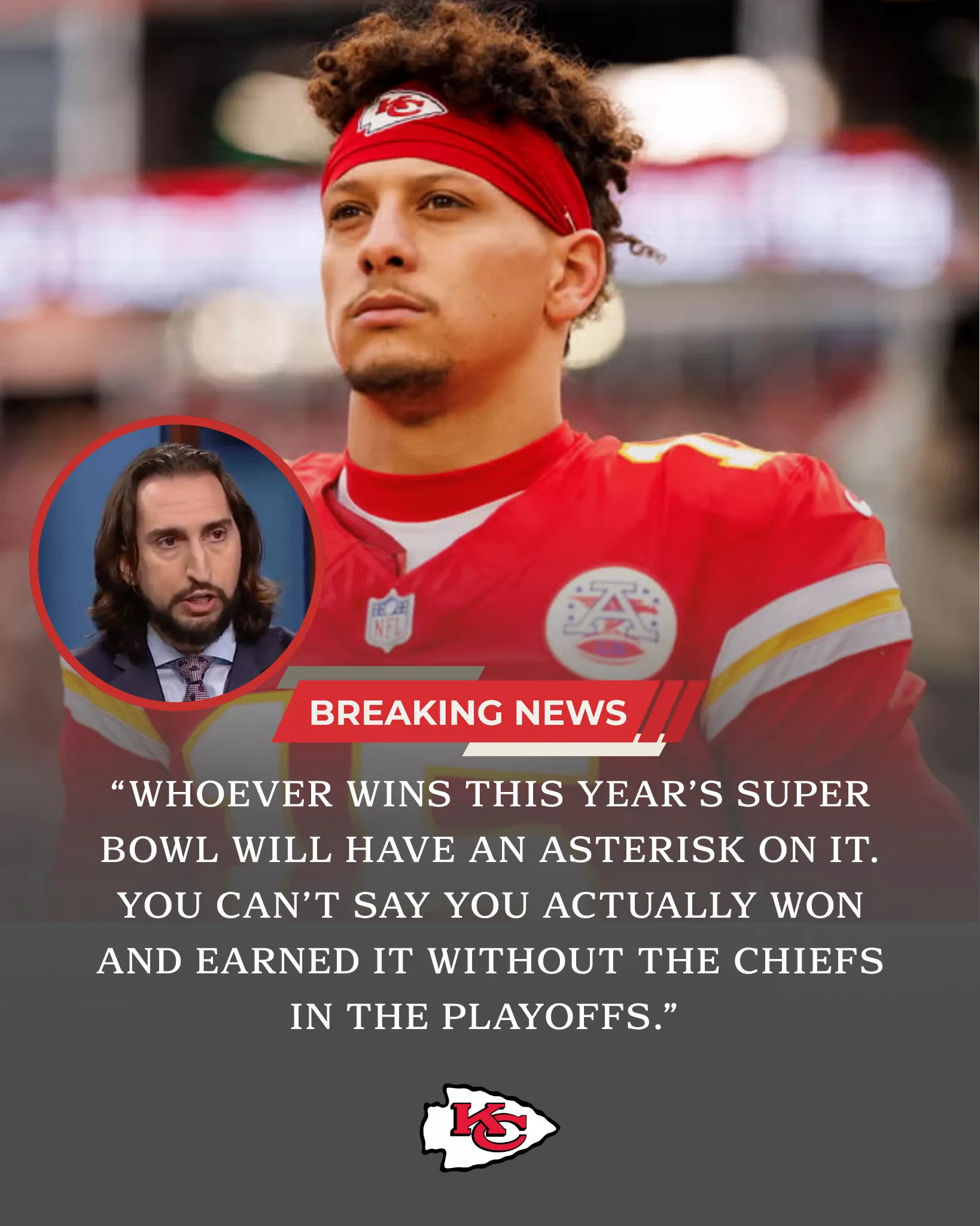 NICK WRIGHT: No Chiefs, No Real Champion? “Whoever wins this year’s Super Bowl will have an asterisk on it. You can’t say you actually won and earned it without the Chiefs in the playoffs.” — Nick Wright, reacting to Kansas City’s elimination on the road to the Super Bowl. Kansas City is out… but the debate isn’t. Does a Lombardi still hit the same without Patrick Mahomes and the Chiefs standing in the way?