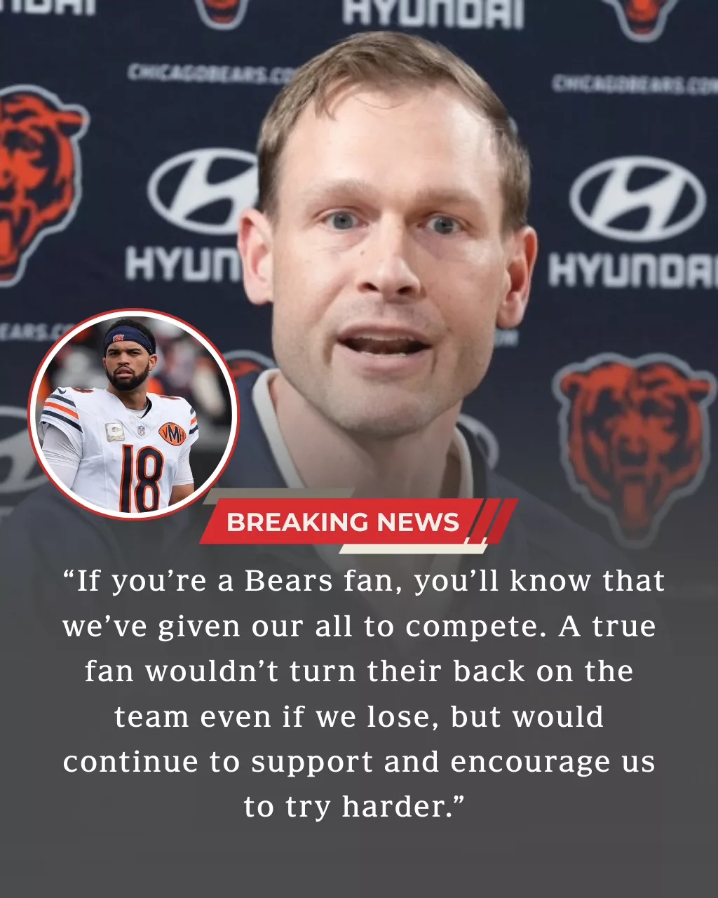 “Sorry, if you’re not a true fan, please leave.” Chicago Bears head coach Ben Johnson broke the silence and directly sent a strong message to fans on Twitter: “If you’re a Bears fan, you’ll know that we’ve given our all to compete. A true fan wouldn’t turn their back on the team even if we lose, but would continue to support and encourage us to try harder.” He then made a SHOCKING statement in the NFL community by publicly defending Caleb Williams.