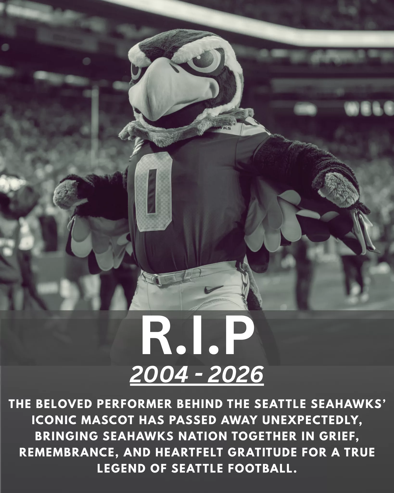 The Seattle Seahawks organization is saddened by the sudden death of the performer behind the team’s beloved mascot following an accident. Fans and the entire country are coming together to honor the memory of the dedicated performer who brought energy and joy to Lumen Field.