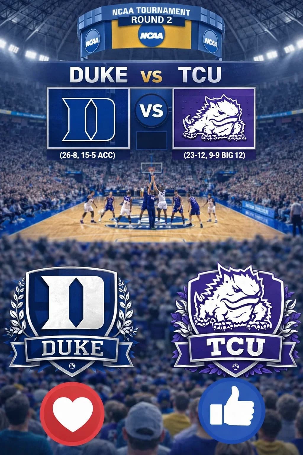 TIME CHANGE ANNOUNCEMENT: No. 1 Duke vs. No. 9 TCU Set for Prime-Time Spotlight in Round of 32
